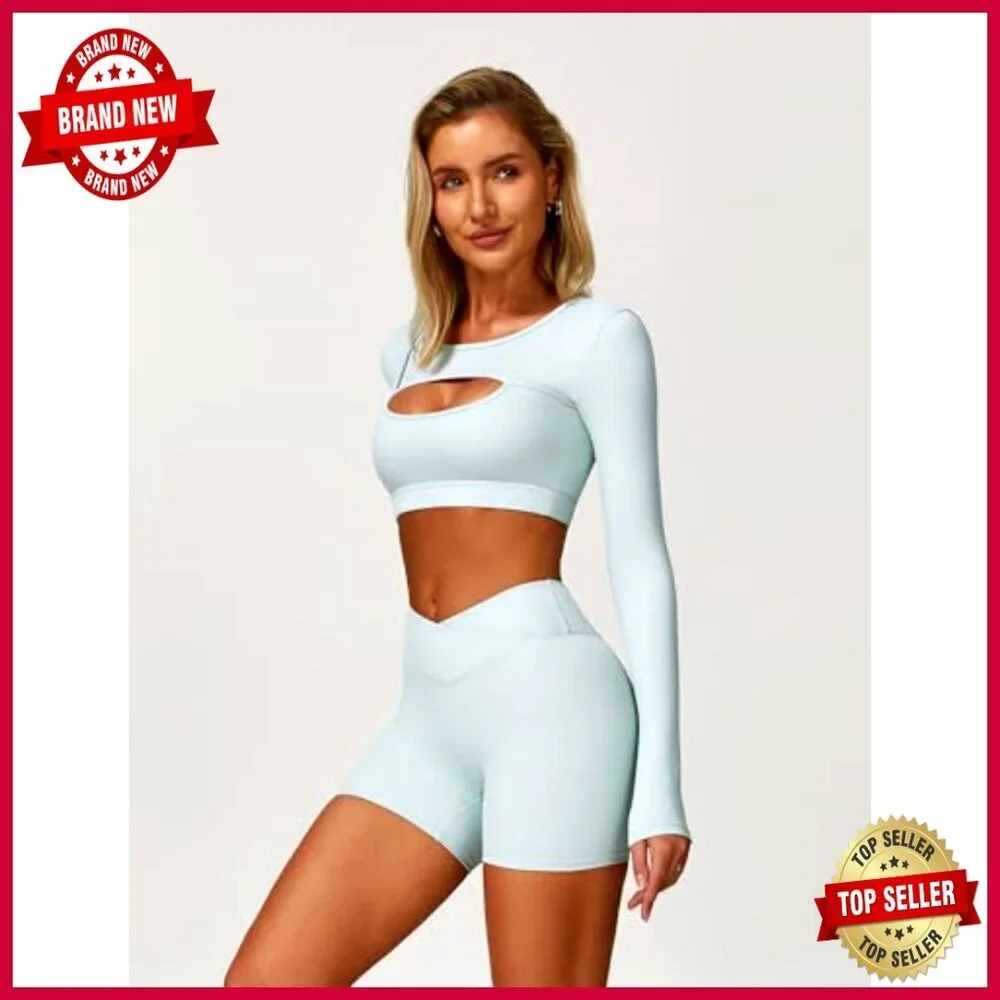 High Waisted Pleated A-Line Skirt Long Sleeve Cutout Crop Top Workout Set - Picture 3 of 5